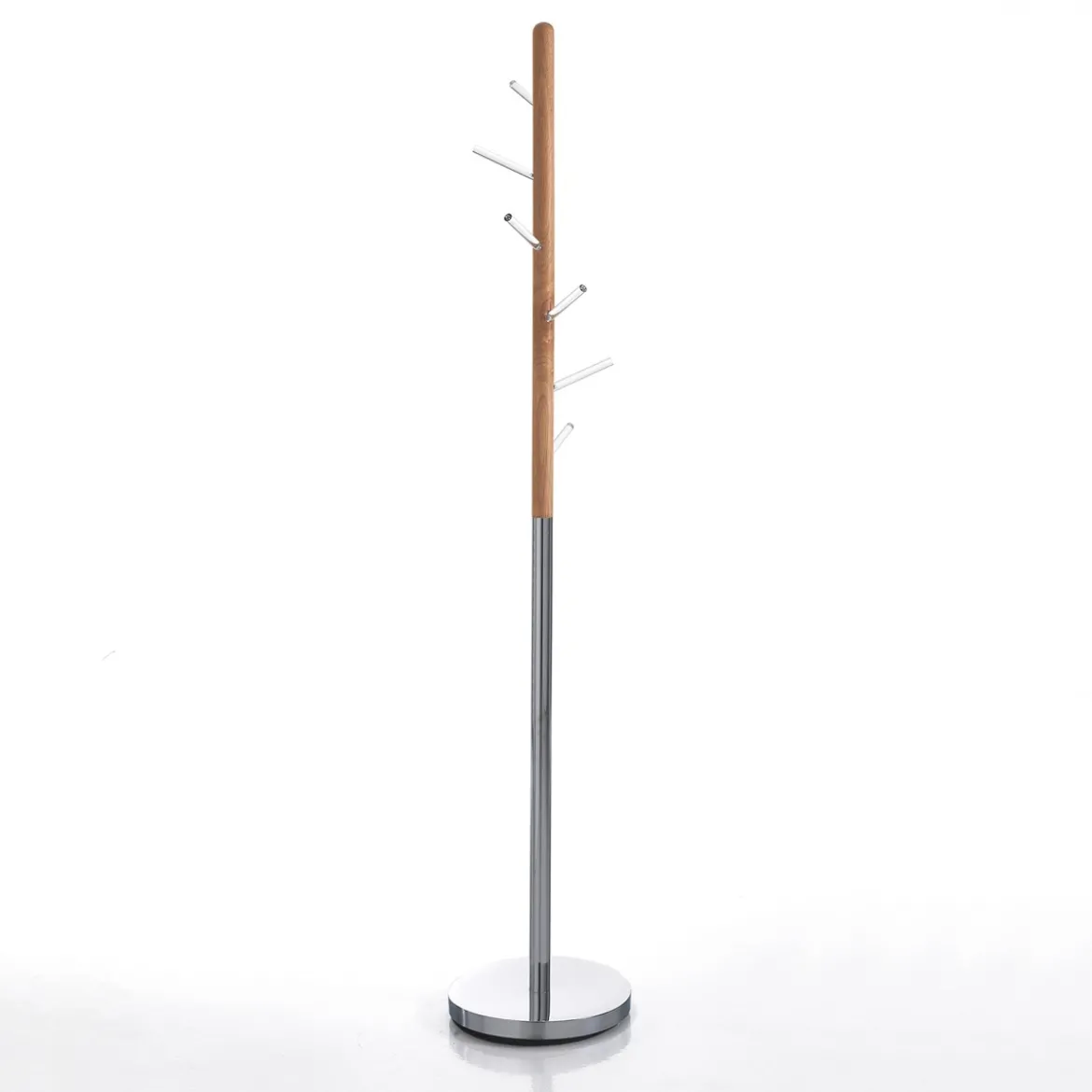 Pin appendiabiti in acciaio cromato legno massello rovere e acrilico trasparente h180xd33 cm