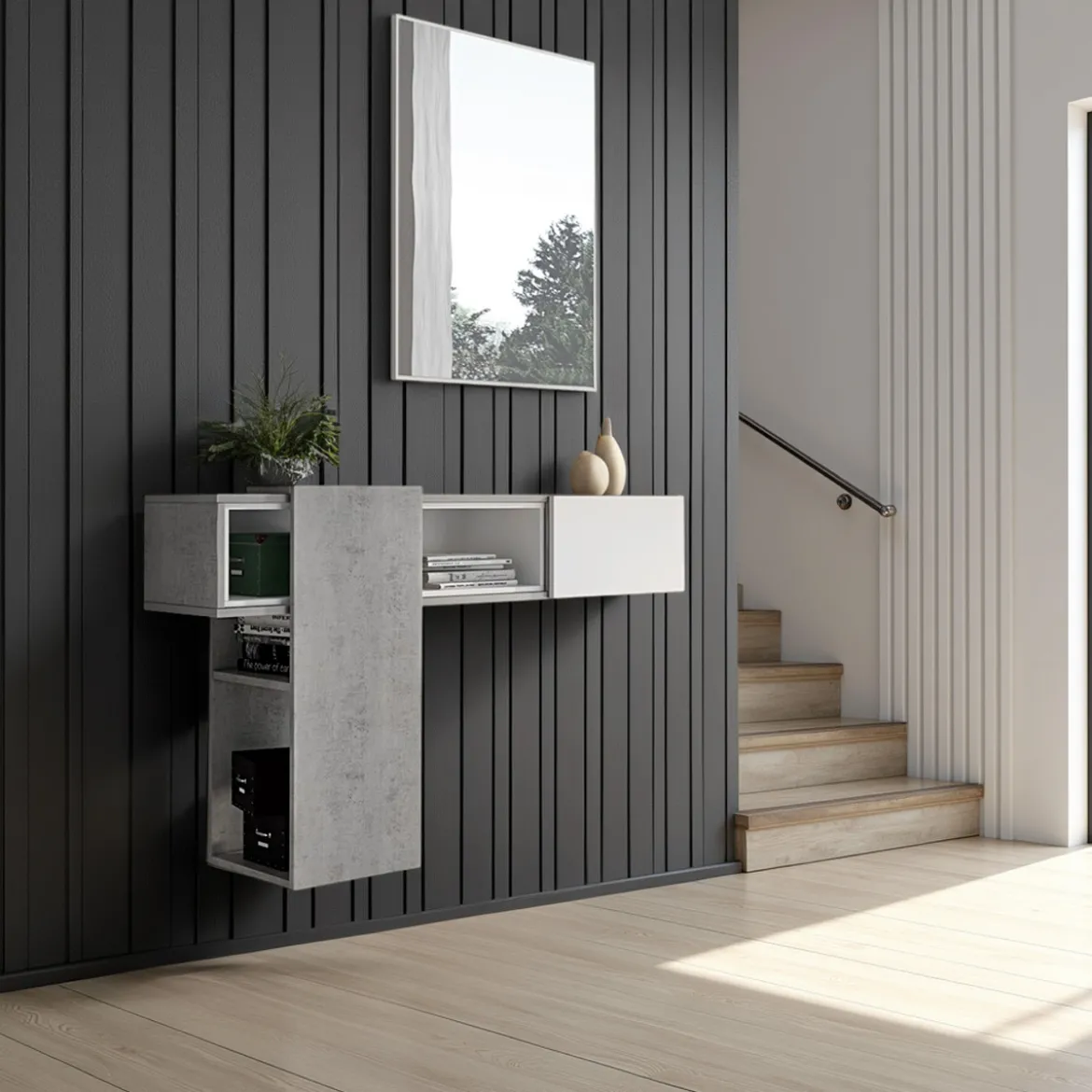 Play cement mobile ingresso bianco opaco e cemento con specchio 100x31.2xh75 cm