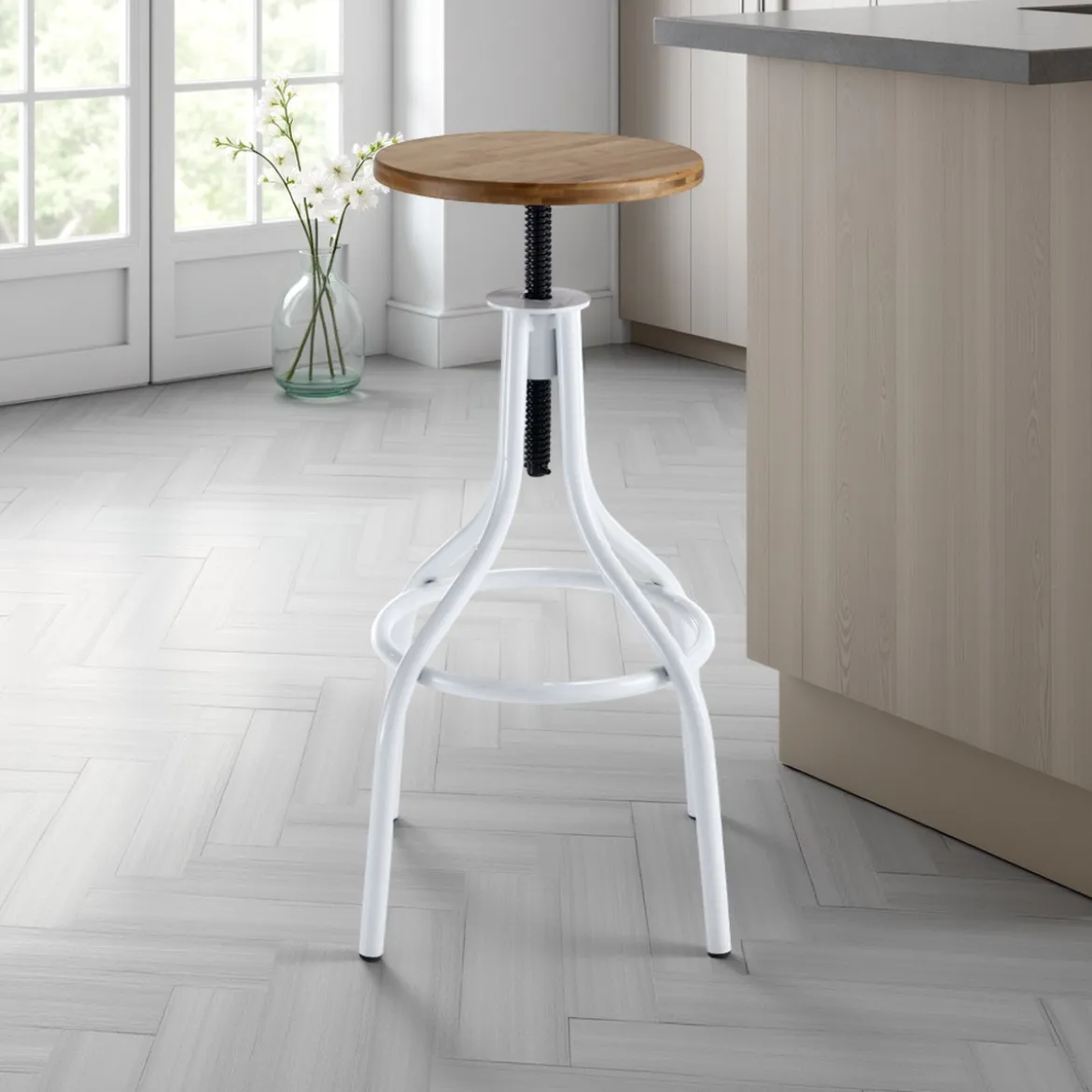 Pojo sgabello regolabile a vite legno finitura rovere e metallo bianco lucido 45x45xh63-83 cm