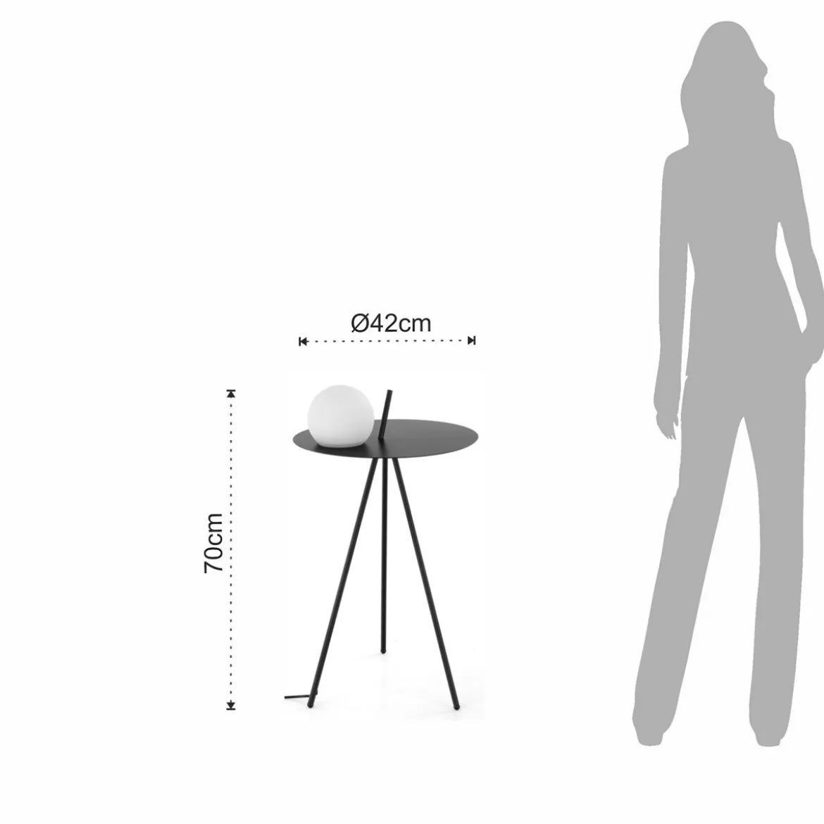 Polo lampada / tavolino / comodino acciaio nero opaco con lampada in vetro integrata d42xh70 cm