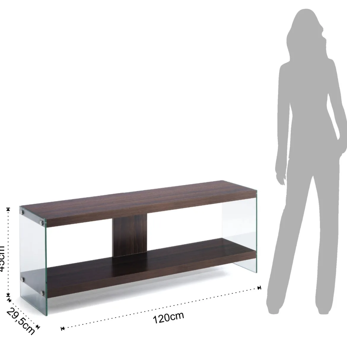 Porta TV NANCY DARK WOOD vetro temperato ripiani legno MDF noce scuro H45 L120 P29,5