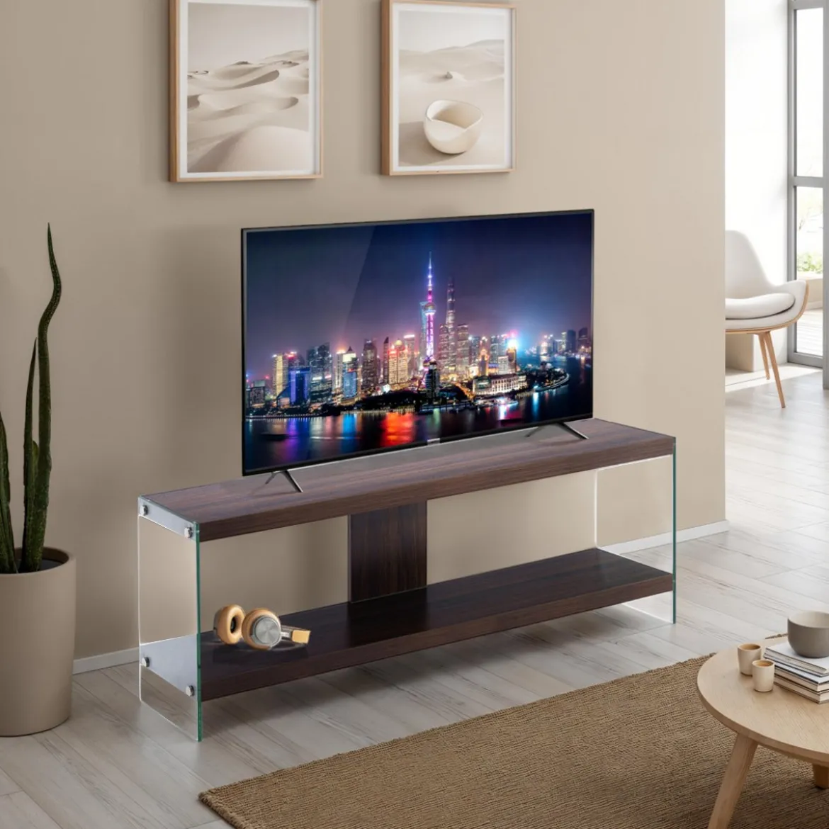 Porta TV NANCY DARK WOOD vetro temperato ripiani legno MDF noce scuro H45 L120 P29,5