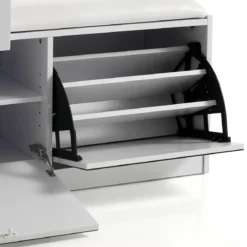 Pratiko-a scarpiera / panca in mdf laccata bianco opaco 2 ante a specchio e 1 cassetto 90x34xh85 cm