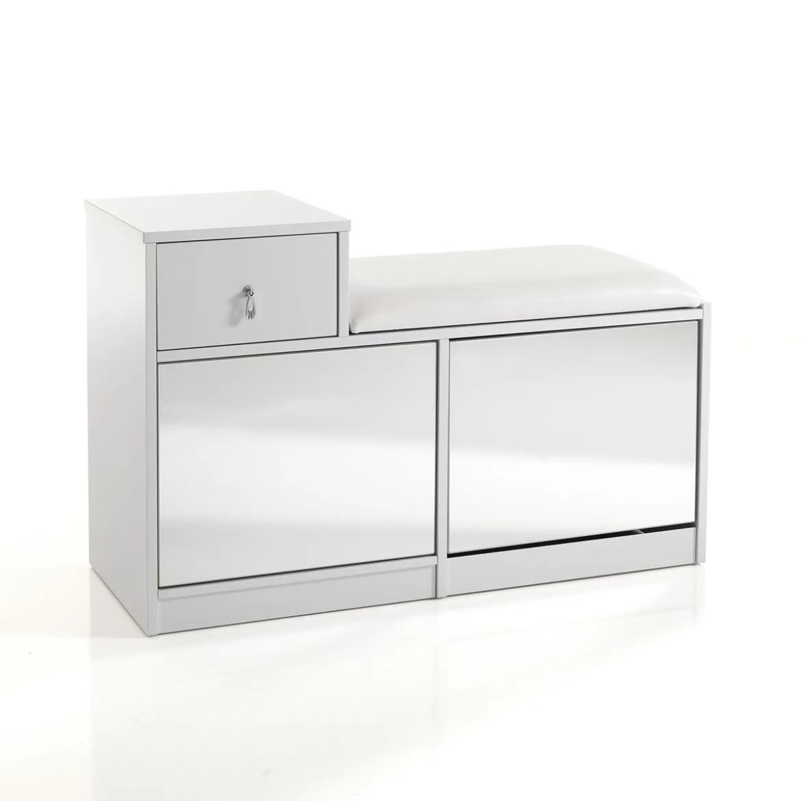 Pratiko-a scarpiera / panca in mdf laccata bianco opaco 2 ante a specchio e 1 cassetto 90x34xh85 cm