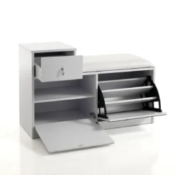 Pratiko-a scarpiera / panca in mdf laccata bianco opaco 2 ante a specchio e 1 cassetto 90x34xh85 cm