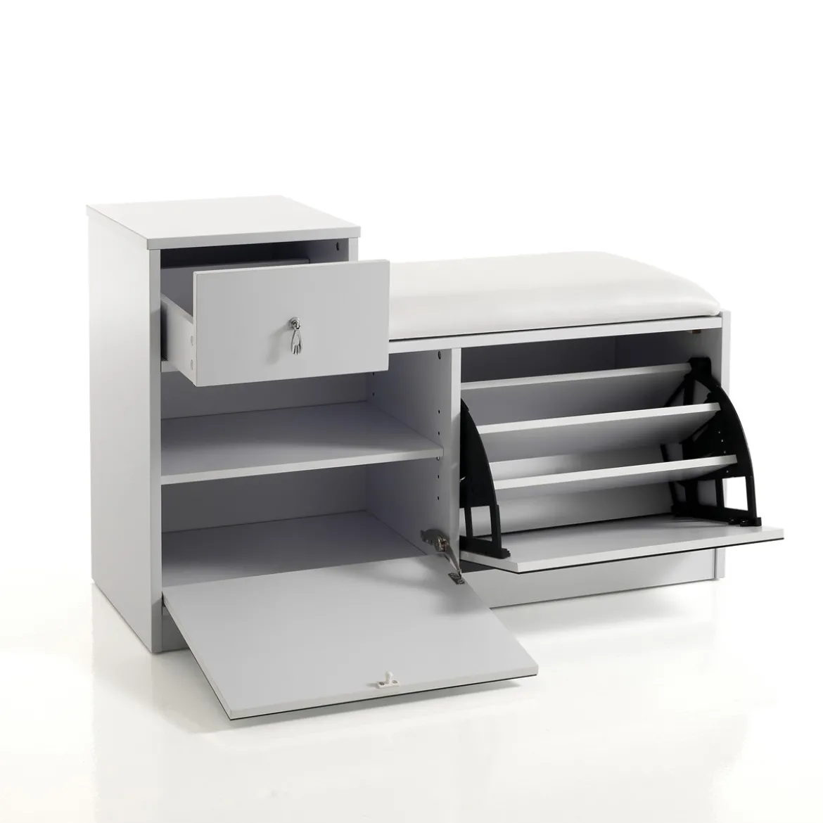 Pratiko-a scarpiera / panca in mdf laccata bianco opaco 2 ante a specchio e 1 cassetto 90x34xh85 cm