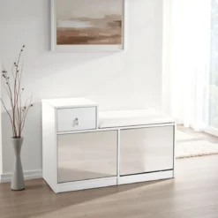 Pratiko-a scarpiera / panca in mdf laccata bianco opaco 2 ante a specchio e 1 cassetto 90x34xh85 cm
