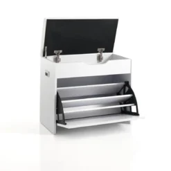 Pratiko-b scarpiera / panca in mdf laccata bianco opaco 1 anta e 1 vano contenitore 60x30xh55 cm