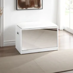 Pratiko-c scarpiera / panca in mdf finitura bianco opaco cuscino in pelle sintetica bianco anta a specchio cm h44 l63 p34
