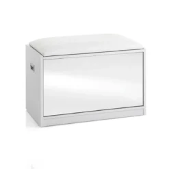 Pratiko-c scarpiera / panca in mdf finitura bianco opaco cuscino in pelle sintetica bianco anta a specchio cm h44 l63 p34