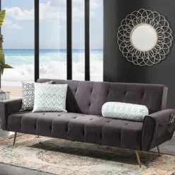 Premier divano letto braccioli con tasche tessuto microfibra grigio scuro