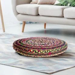 Rainbow pouf basso rotondo in juta e cotone multicolore d50xh10 cm