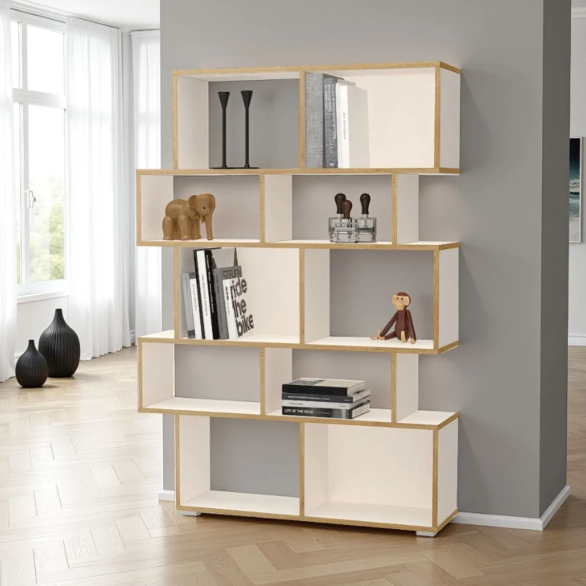 Random-b libreria bianca opaco con bordo in rovere reversibile 115x28xh164 cm