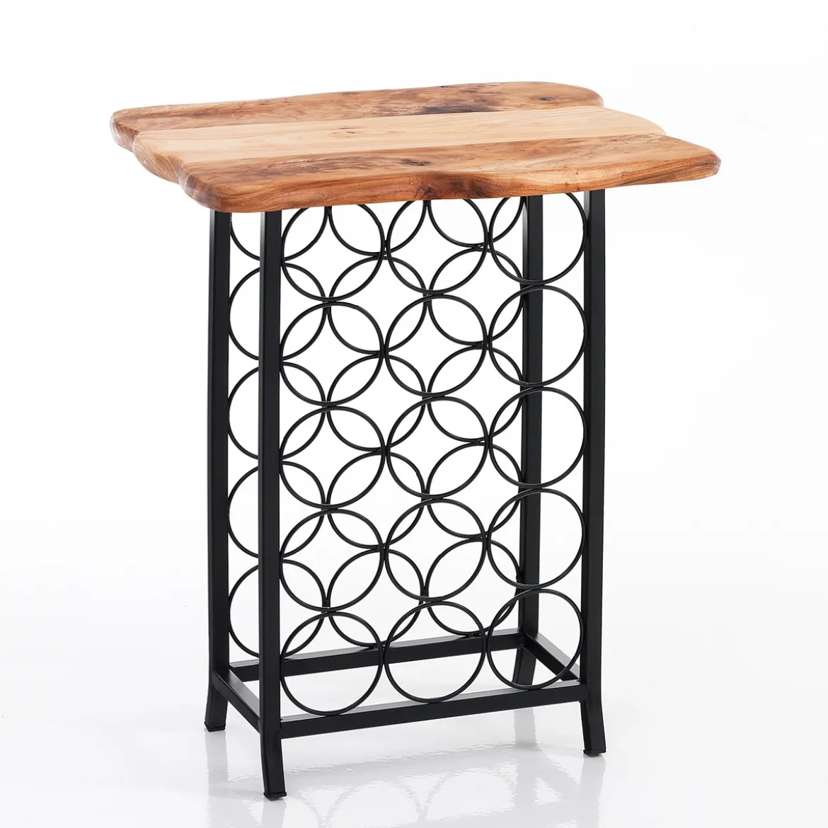 Ras tavolino / cantinetta in metallo nero opaco piano in legno massello 15 bottiglie 46x35.5 h56 cm