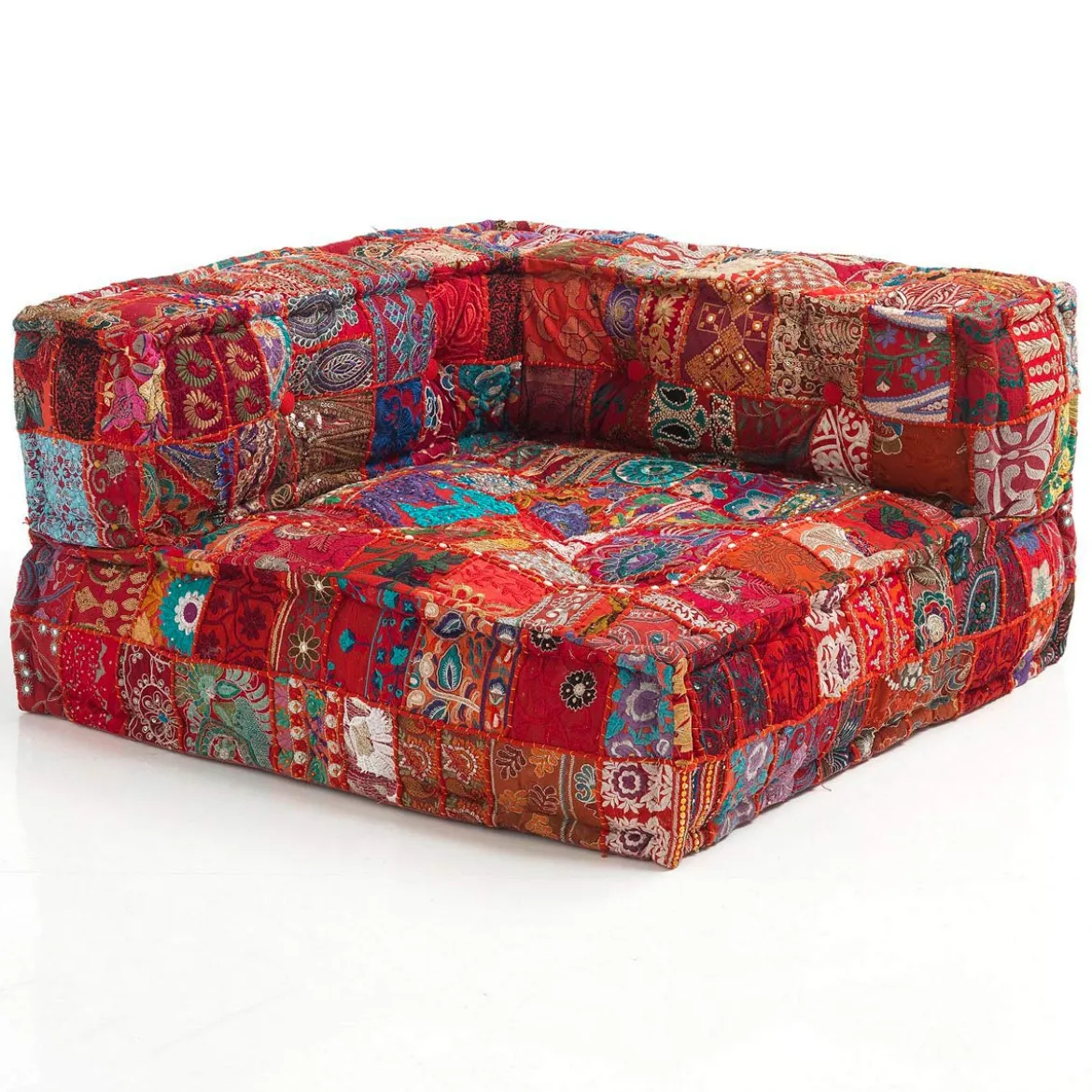 Red isy divano 2 posti basamenti in rattan sbiancato rivestimento cotone patchwork rosso cm. l160 p80 h70