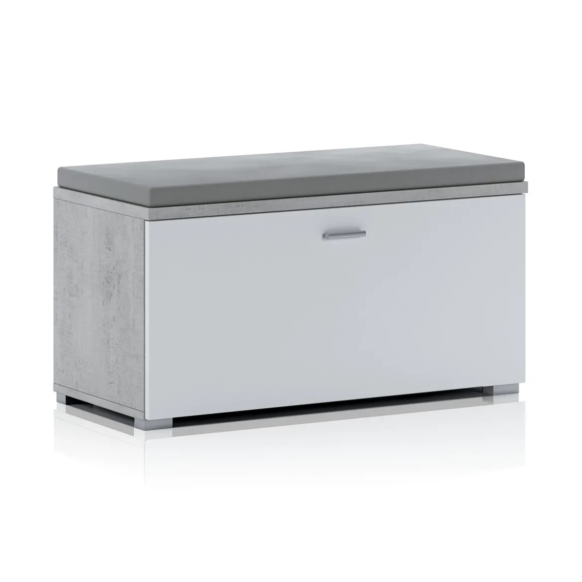 Riki panca / scarpiera 1 anta grigia finitura cemento struttura larice bianco e cuscino in pelle sintetica grigio 85x40xh46 cm