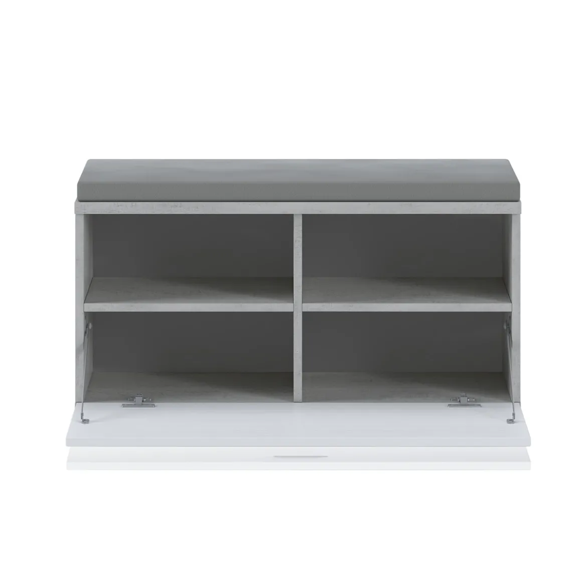 Riki panca / scarpiera 1 anta grigia finitura cemento struttura larice bianco e cuscino in pelle sintetica grigio 85x40xh46 cm
