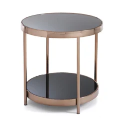 Rings rose gold tavolino comodino in metallo finitura oro rosa piani in vetro temprato nero d45 h48 cm