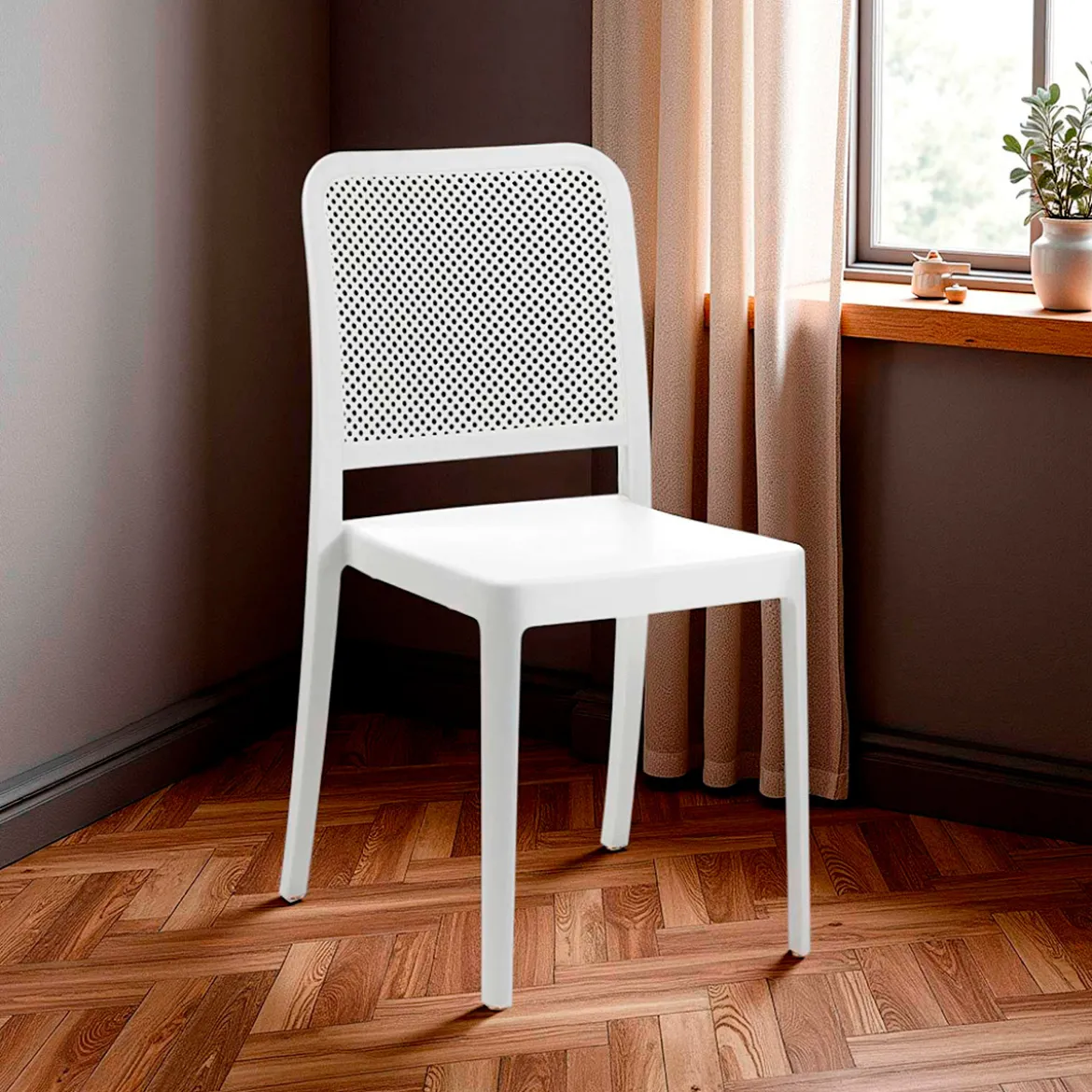 Sabine white sedia interno esterno polip. colore bianco impilabile resistente agenti e raggi uv h.86 l.43 p.50 cm