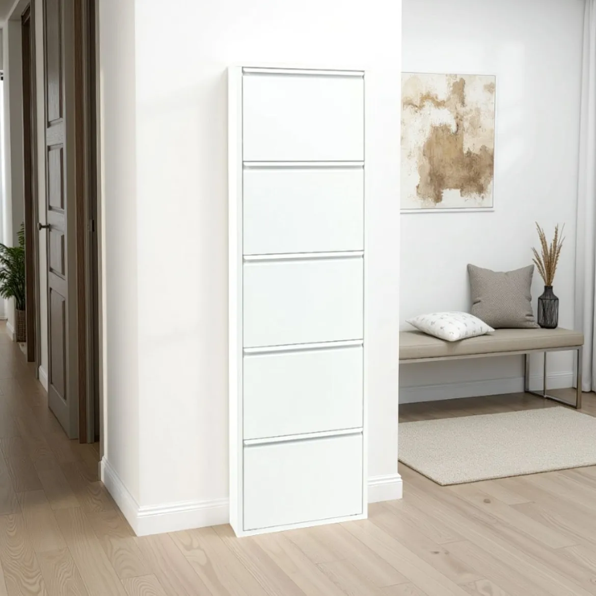 Sandy white scarpiera a parete 5/a 5 ante in metallo bianco goffrato 50x13.5xh169 cm