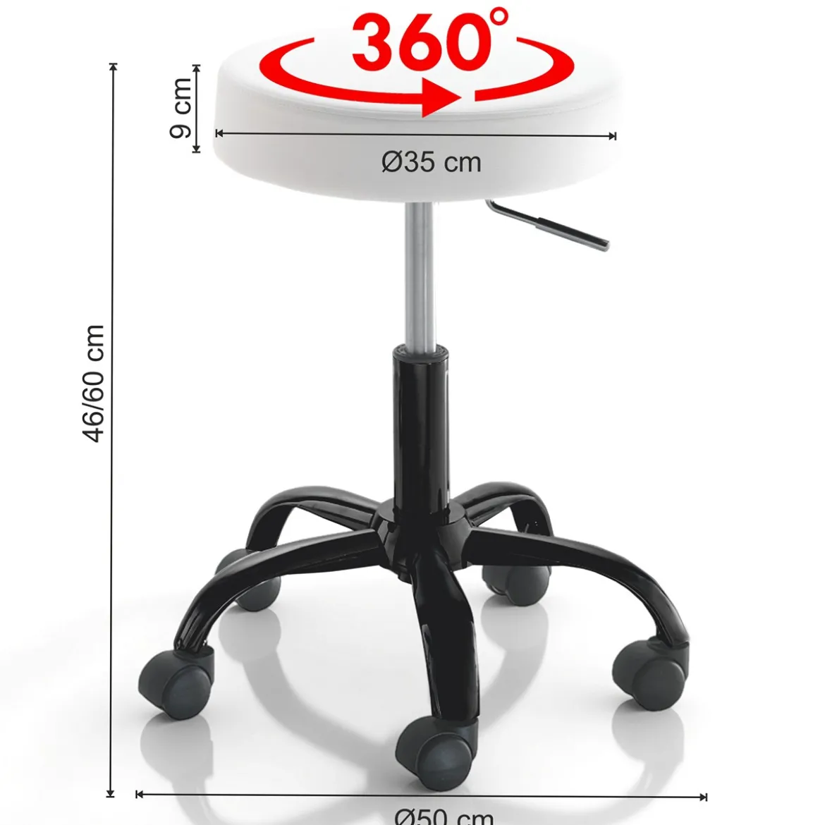 Sgabello TIZIO WHITE EVO girevole regolabile seduta imbottita pelle sintetica bianca base metallo nero h46/60 ø50