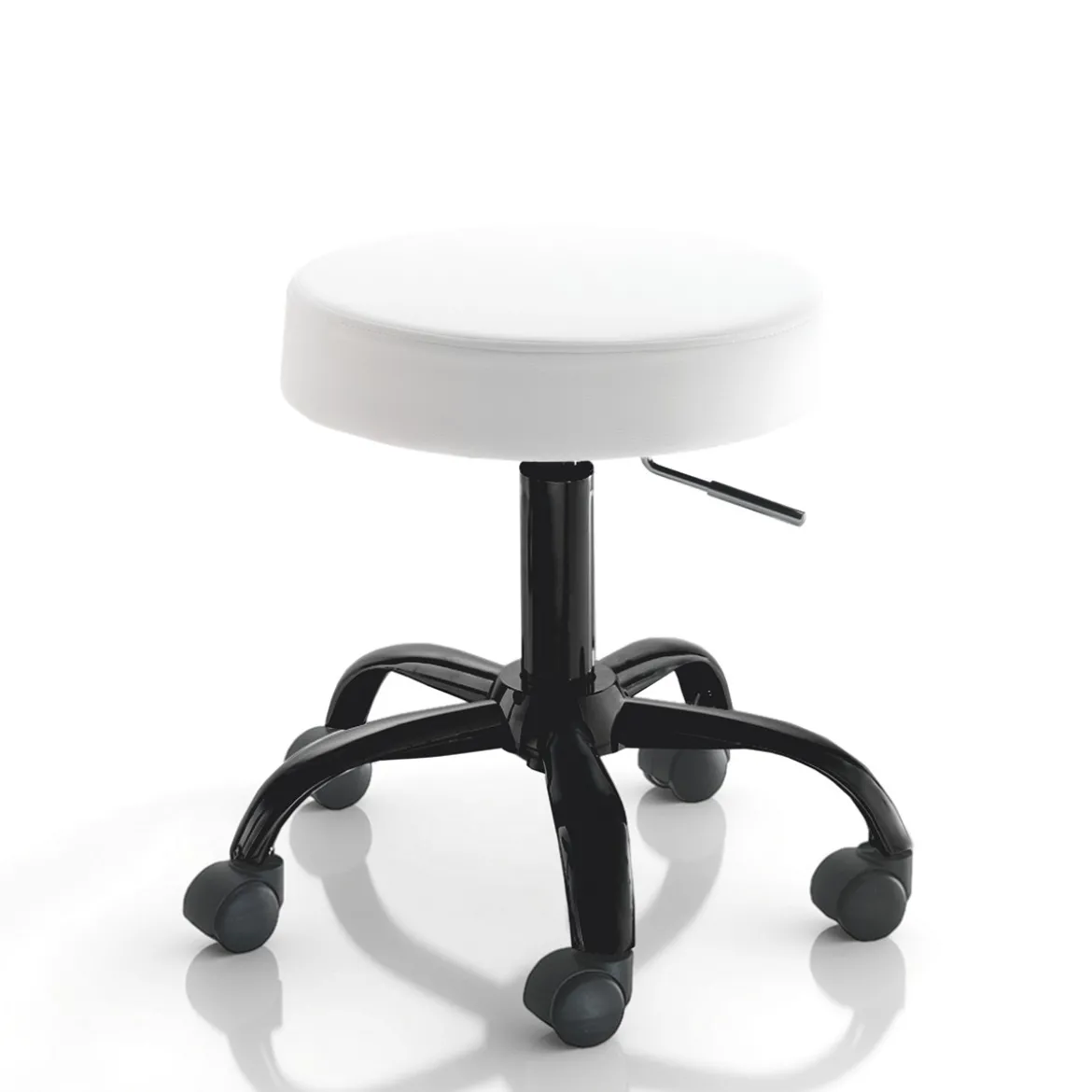 Sgabello TIZIO WHITE EVO girevole regolabile seduta imbottita pelle sintetica bianca base metallo nero h46/60 ø50