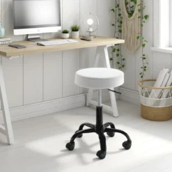 Sgabello TIZIO WHITE EVO girevole regolabile seduta imbottita pelle sintetica bianca base metallo nero h46/60 ø50