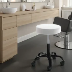 Sgabello TIZIO WHITE EVO girevole regolabile seduta imbottita pelle sintetica bianca base metallo nero h46/60 ø50