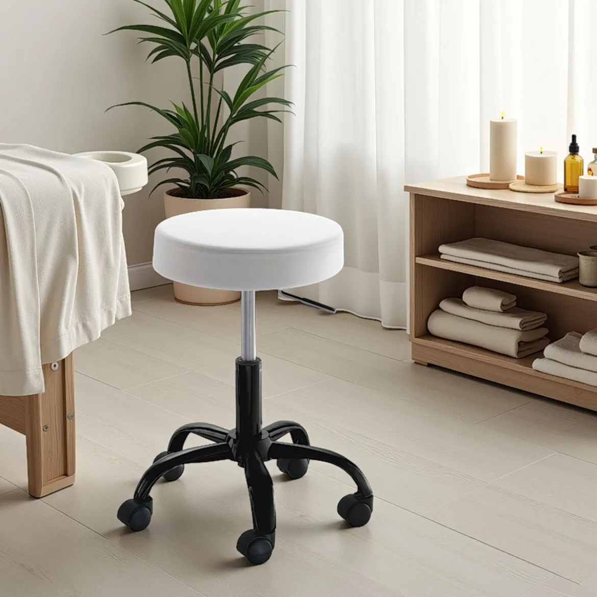 Sgabello TIZIO WHITE EVO girevole regolabile seduta imbottita pelle sintetica bianca base metallo nero h46/60 ø50