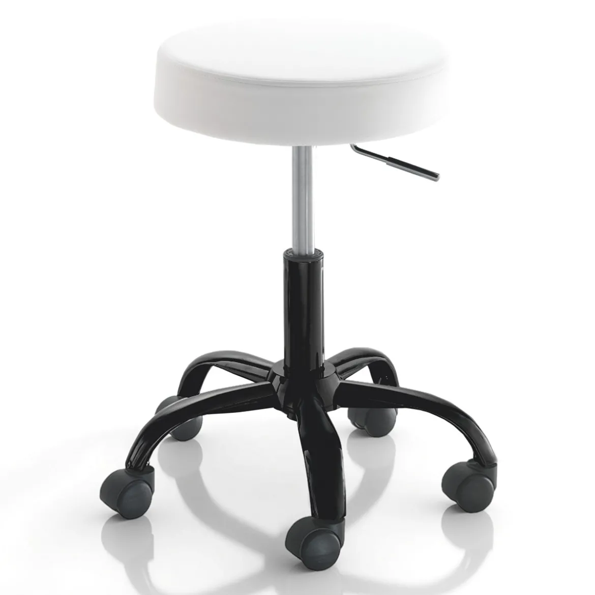 Sgabello TIZIO WHITE EVO girevole regolabile seduta imbottita pelle sintetica bianca base metallo nero h46/60 ø50