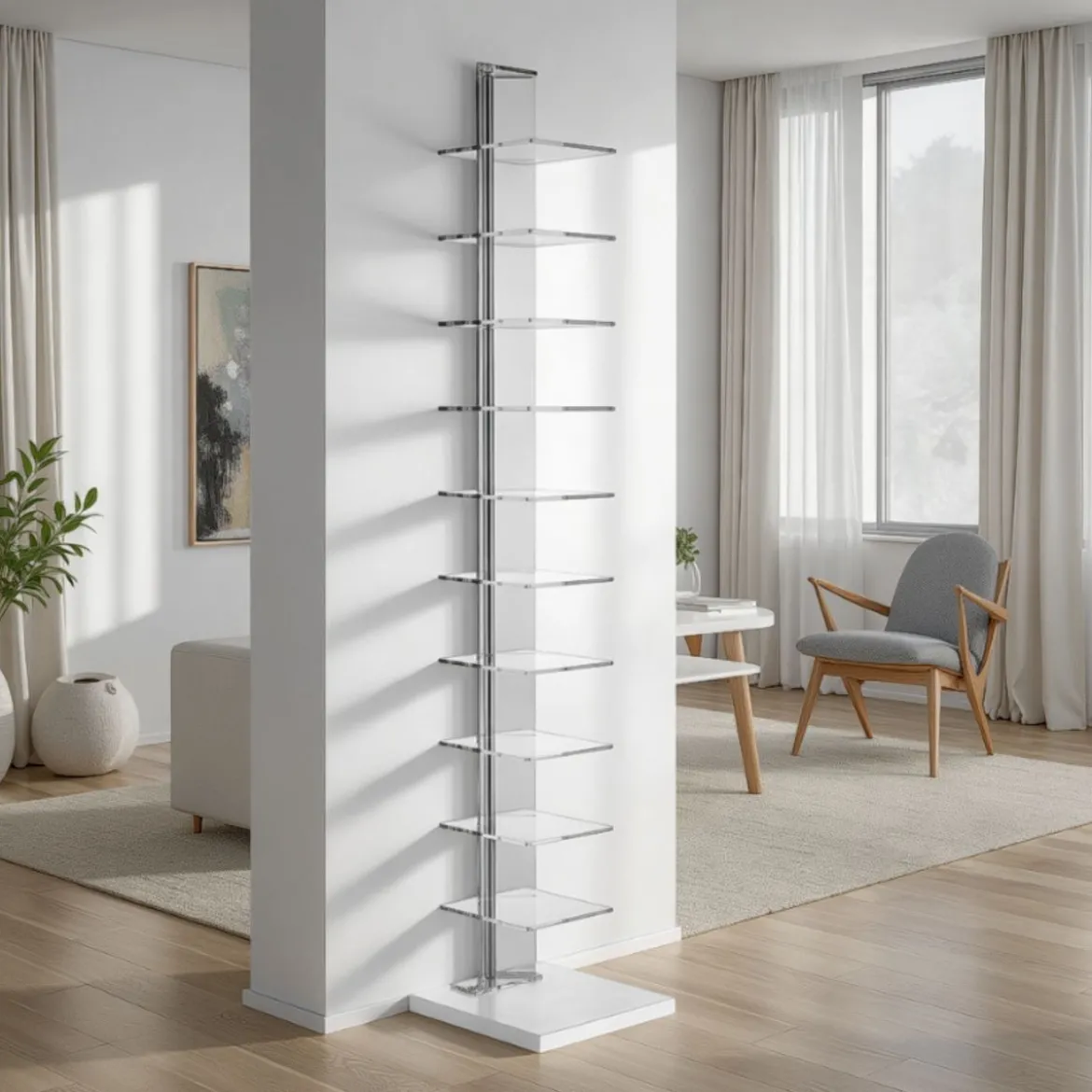 Sheer libreria a colonna 10 ripiani in acrilico trasparente e metallo cromato 30x30xh148 cm