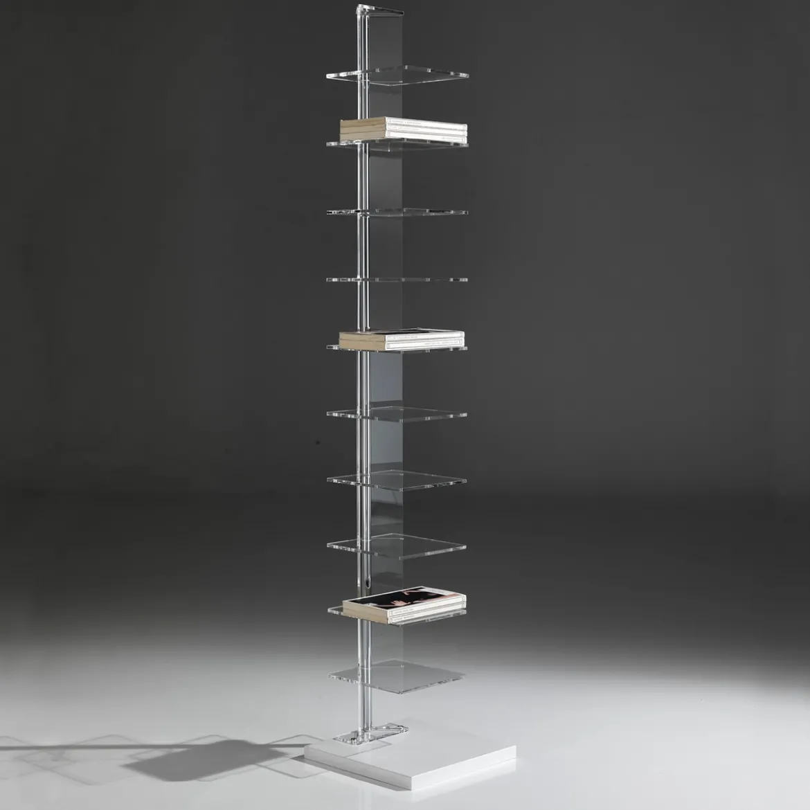 Sheer libreria a colonna 10 ripiani in acrilico trasparente e metallo cromato 30x30xh148 cm