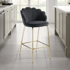 Shell grey sgabello in tessuto effetto velluto grigia e metallo verniciato oro lucido 56x58xh92 cm seduta h 65cm