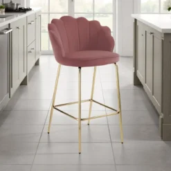 Shell pink sgabello in tessuto effetto velluto rosa cipria e metallo verniciato oro lucido 56x58xh92 cm seduta h 65 cm