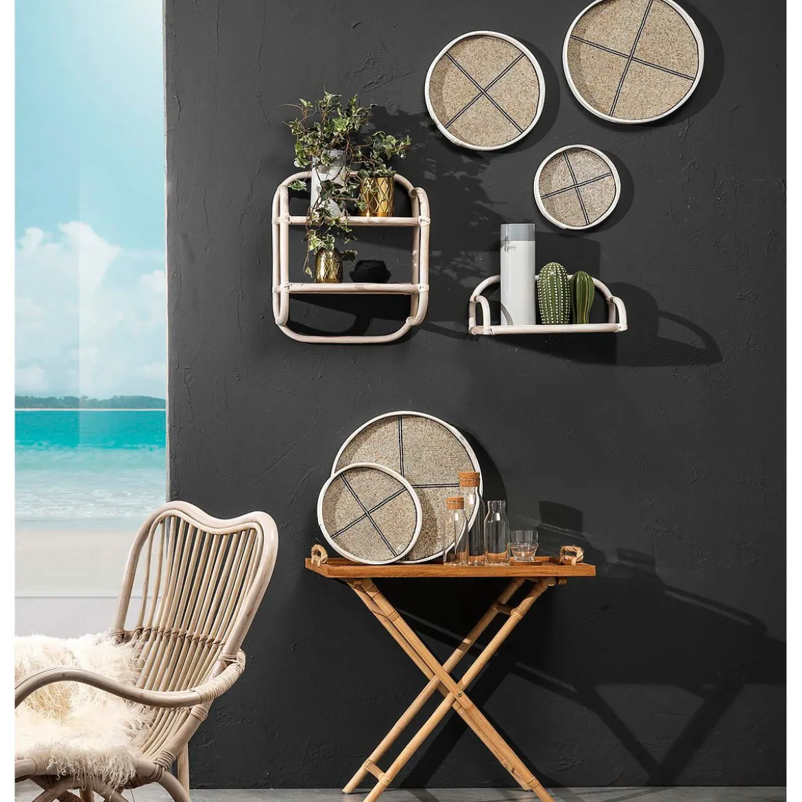 Single alka mensola da parete 1 ripiano hanna single in rattan sbiancato 43x20xh20 cm