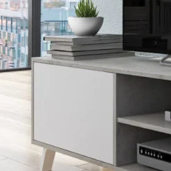 Smart varsavia porta tv 2 ante a ribalta finitura larice bianco e grigio cemento 180x40xh49 cm