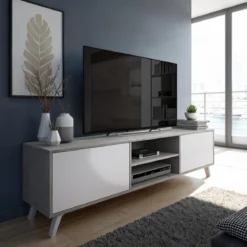 Smart varsavia porta tv 2 ante a ribalta finitura larice bianco e grigio cemento 180x40xh49 cm