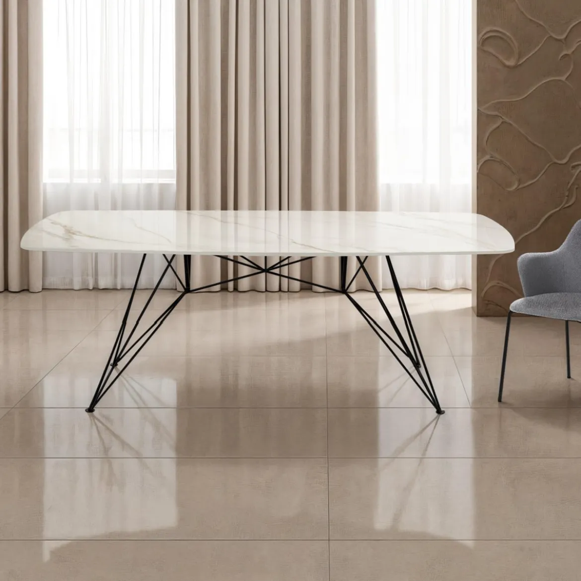 Spillo Onice Marble Tavolo Scrivania struttura Metallo Nero piano Ceramica effetto Marmo Onice Bianco Caldo, h 77 x 180 x 90 cm