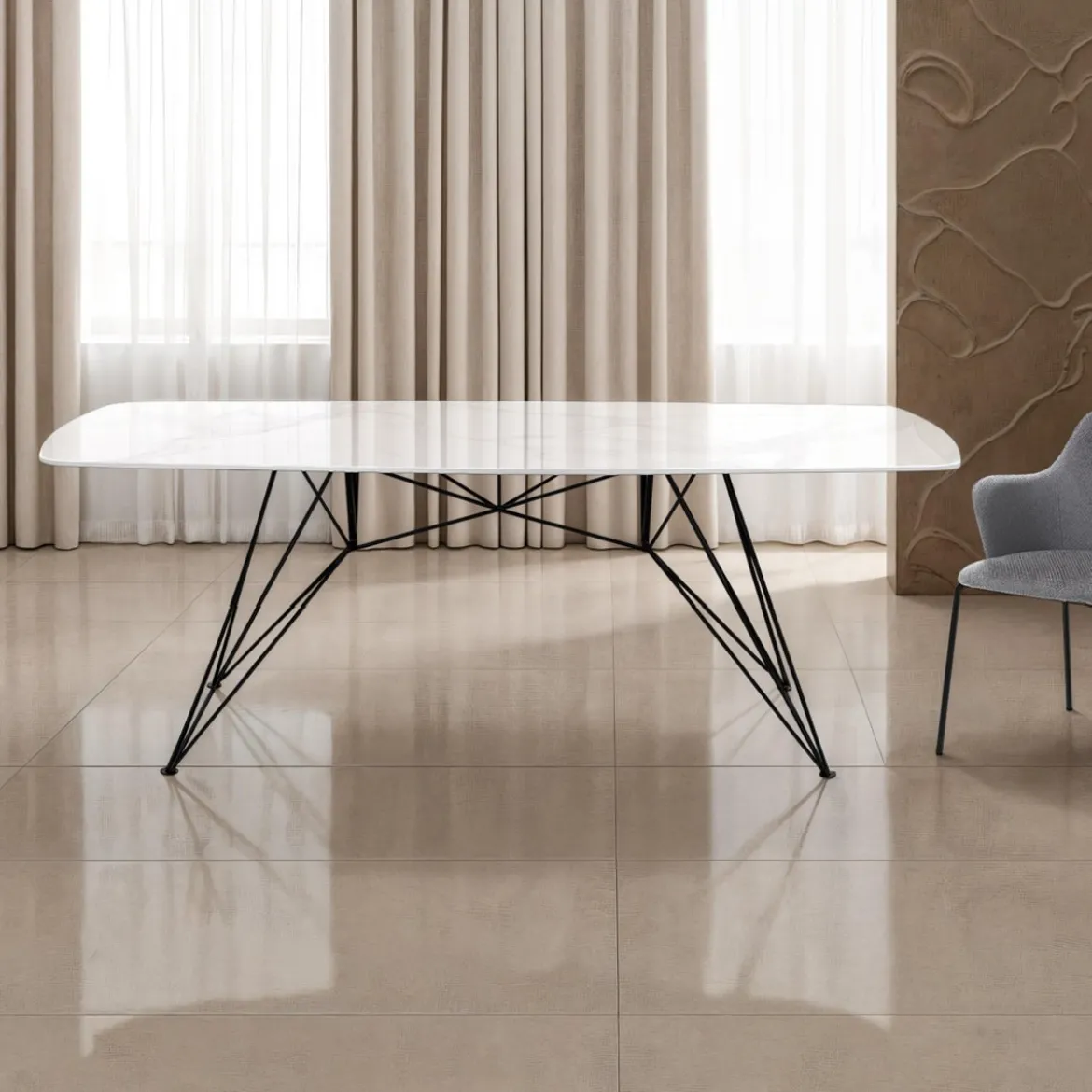 Spillo White Marble Tavolo Scrivania struttura Metallo Nero piano Ceramica effetto Marmo Calacatta Bianco, h 77 x 180 x 90 cm