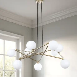 Star lampadario in metallo verniciato ottone opaco e sfere in vetro bianco opaco con cavo regolabile 110x110 h43 cm