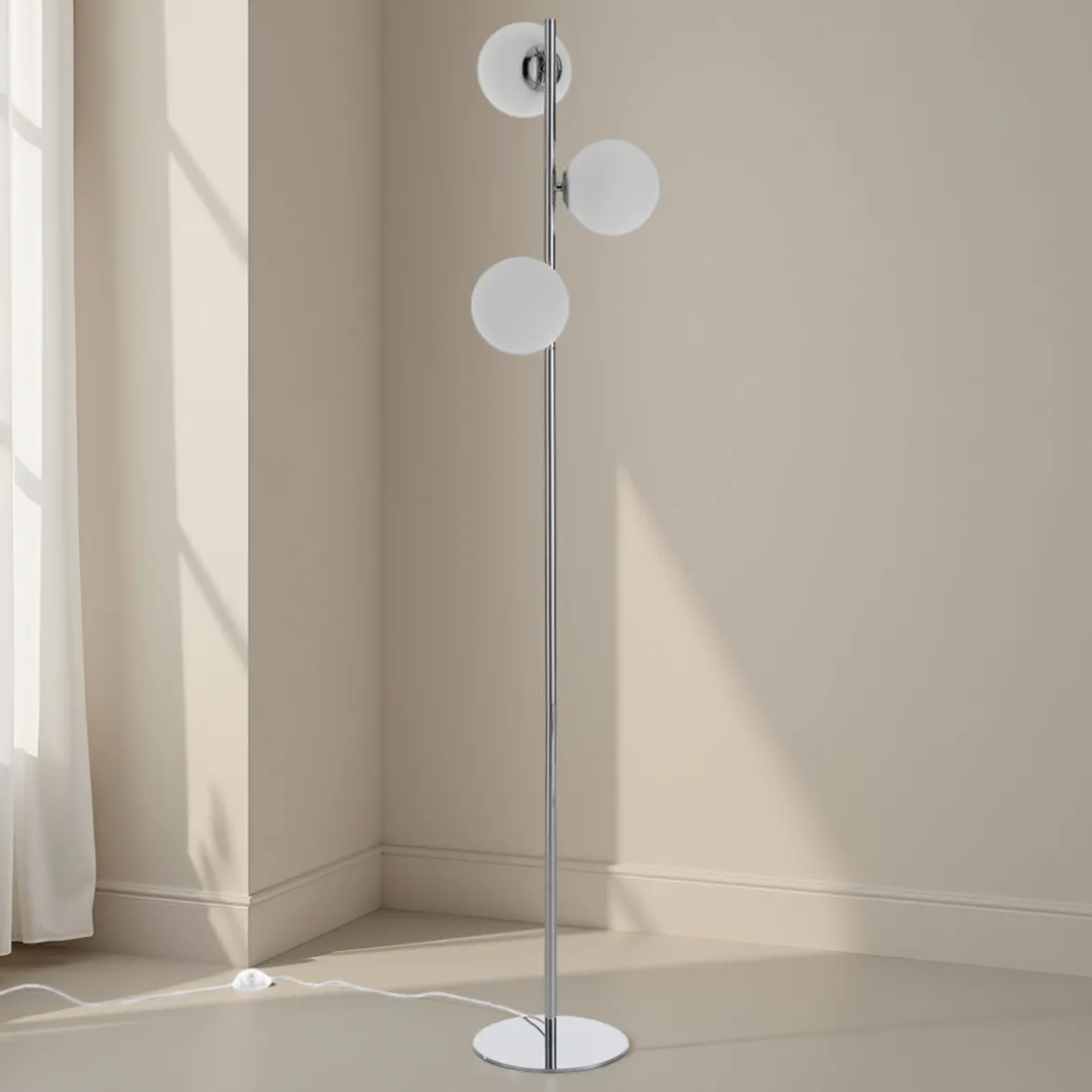 Street lampada da terra in acciaio cromato con sfere direzionabili in vetro bianco d30 h160 cm