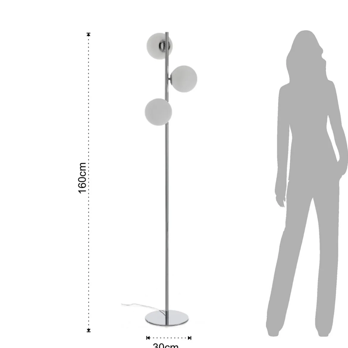 Street lampada da terra in acciaio cromato con sfere direzionabili in vetro bianco d30 h160 cm