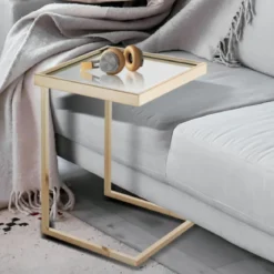 Tati gold tavolino comodino vetro a specchio acciaio verniciato oro rosa lucido rose gold h56 l40 p40