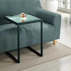 Tati tavolino / comodino piano con vetro a specchio in acciaio verniciato nero opaco 39x39 h55.5 cm
