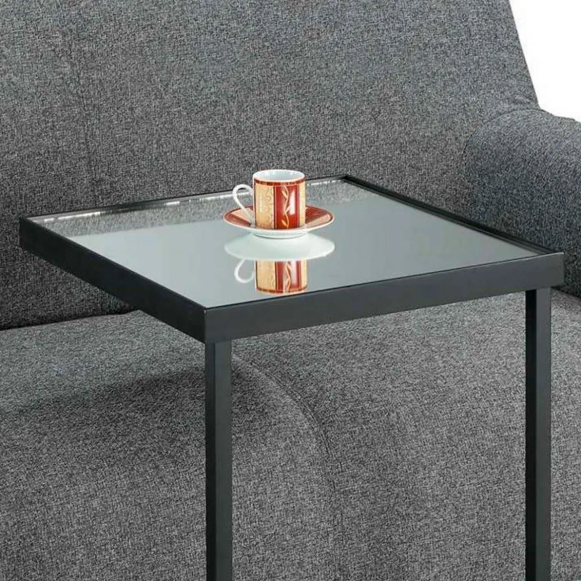 Tati tavolino / comodino piano con vetro a specchio in acciaio verniciato nero opaco 39x39 h55.5 cm