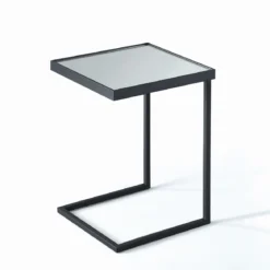 Tati tavolino / comodino piano con vetro a specchio in acciaio verniciato nero opaco 39x39 h55.5 cm