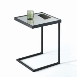 Tati tavolino / comodino piano con vetro a specchio in acciaio verniciato nero opaco 39x39 h55.5 cm