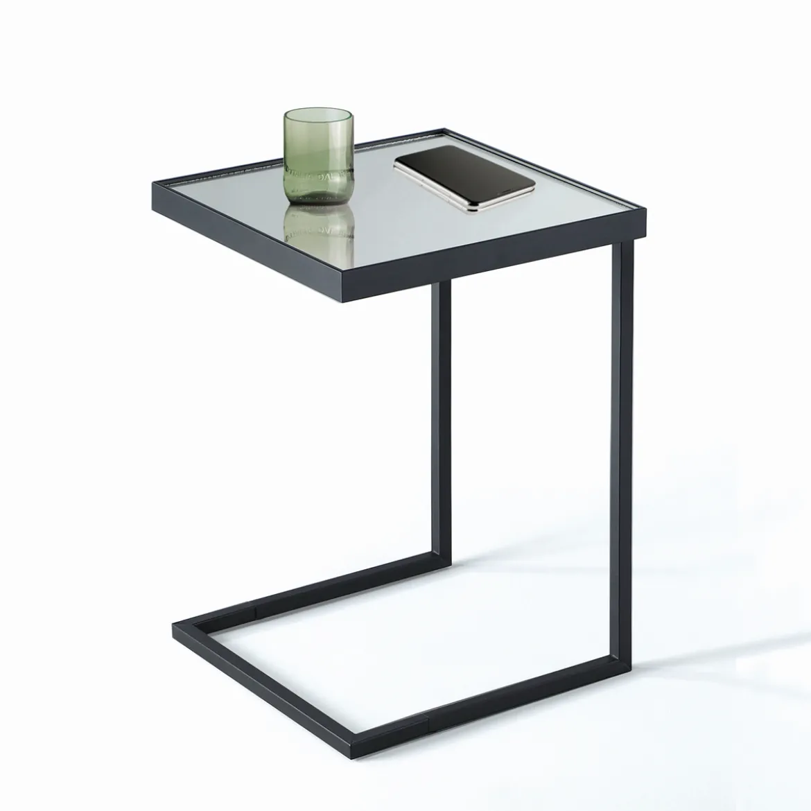 Tati tavolino / comodino piano con vetro a specchio in acciaio verniciato nero opaco 39x39 h55.5 cm