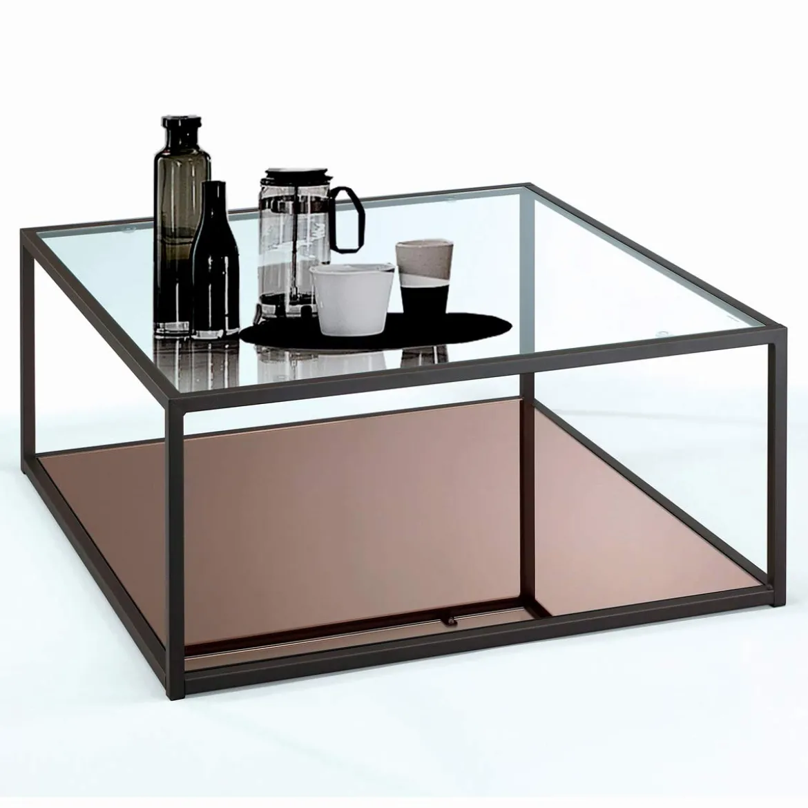 Tati tavolino piano in vetro trasparente in acciaio verniciato nero opaco 80x80 h35 cm