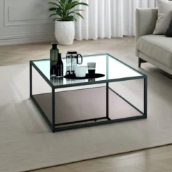 Tati tavolino piano in vetro trasparente in acciaio verniciato nero opaco 80x80 h35 cm